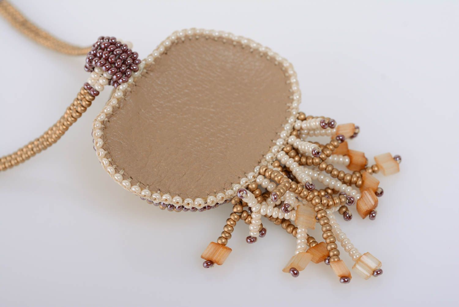 Unusual handmade women's designer beige beaded pendant with seashell photo 4