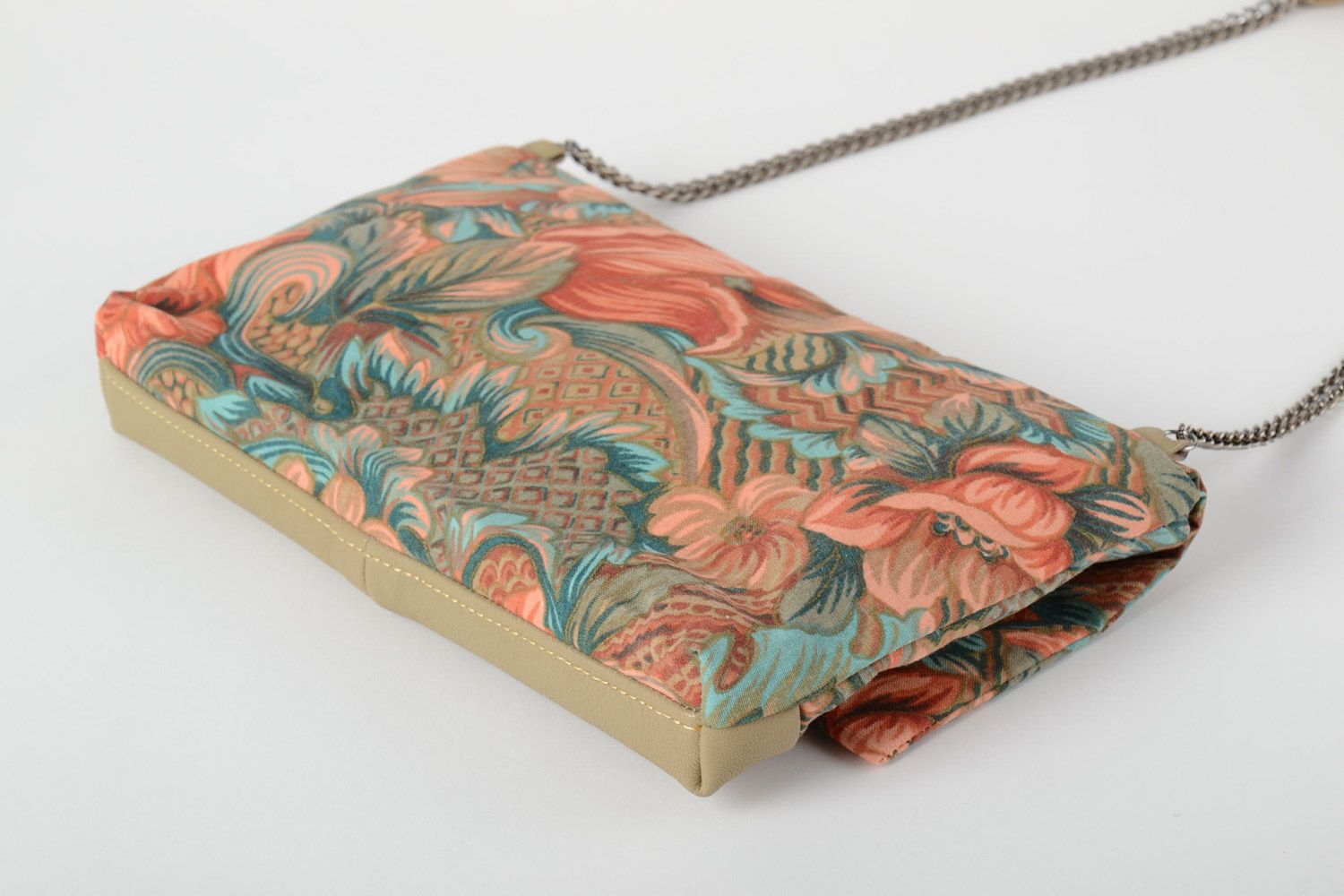 Handmade clutch bag sewn of colorful motley fabric on long chain with magnet lock photo 4