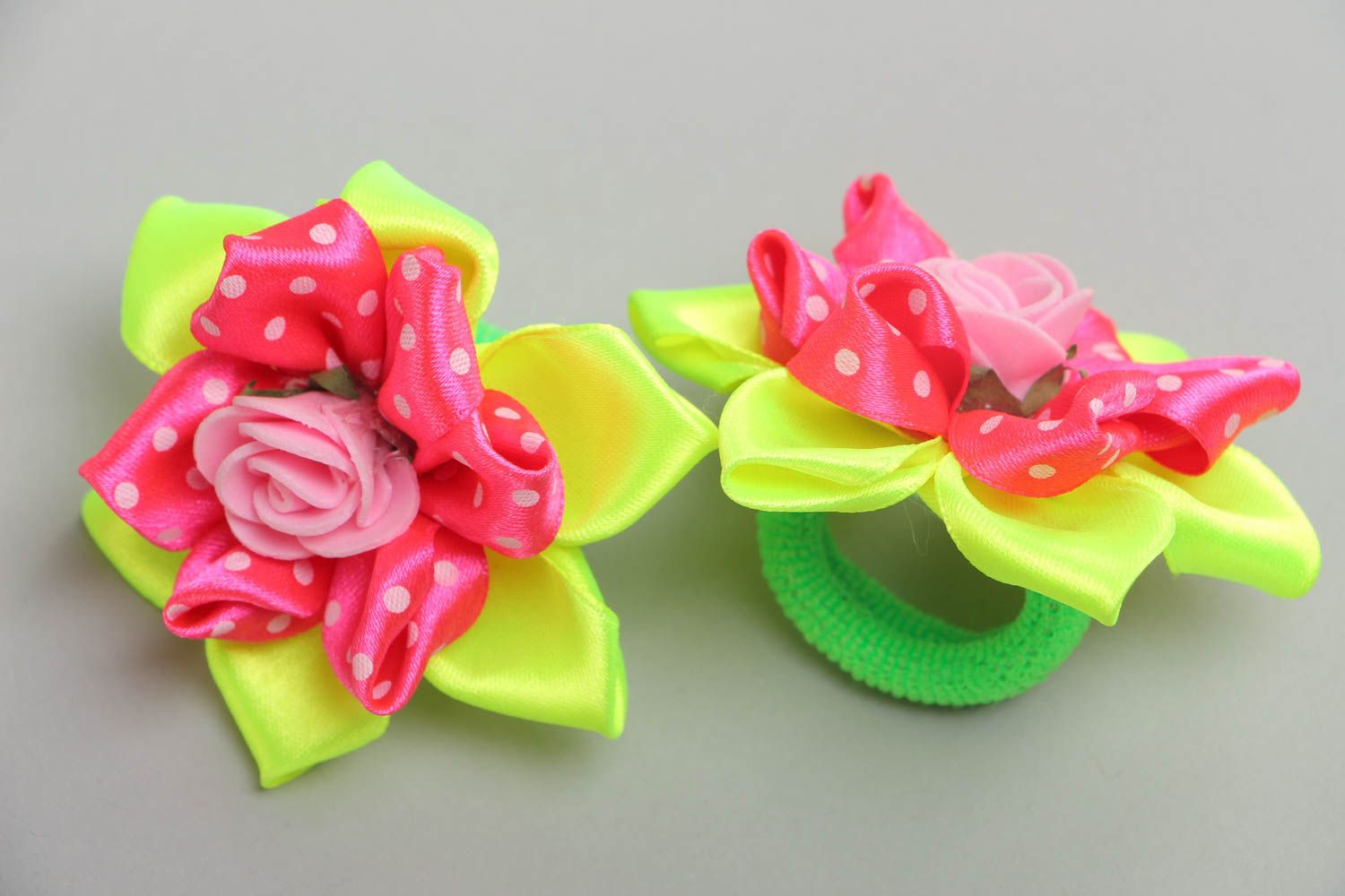 Set of handmade scrunchies made of satin ribbons kanzashi technique 2 pieces photo 3