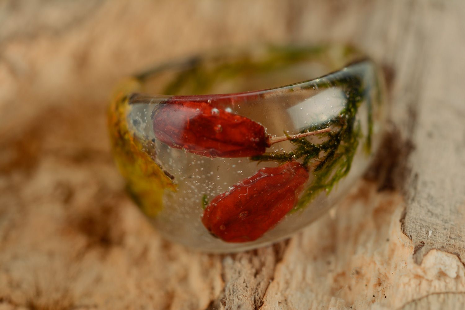 Unusual handmade transparent ring with barberry and moss coated with epoxy resin photo 3