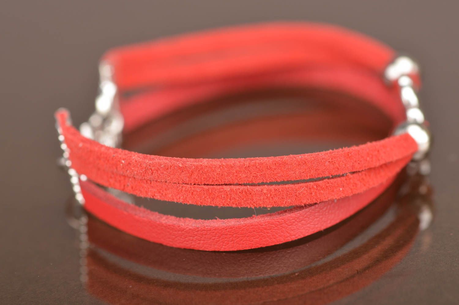 Handmade thin red genuine leather wrist bracelet with suede cord and insert photo 5