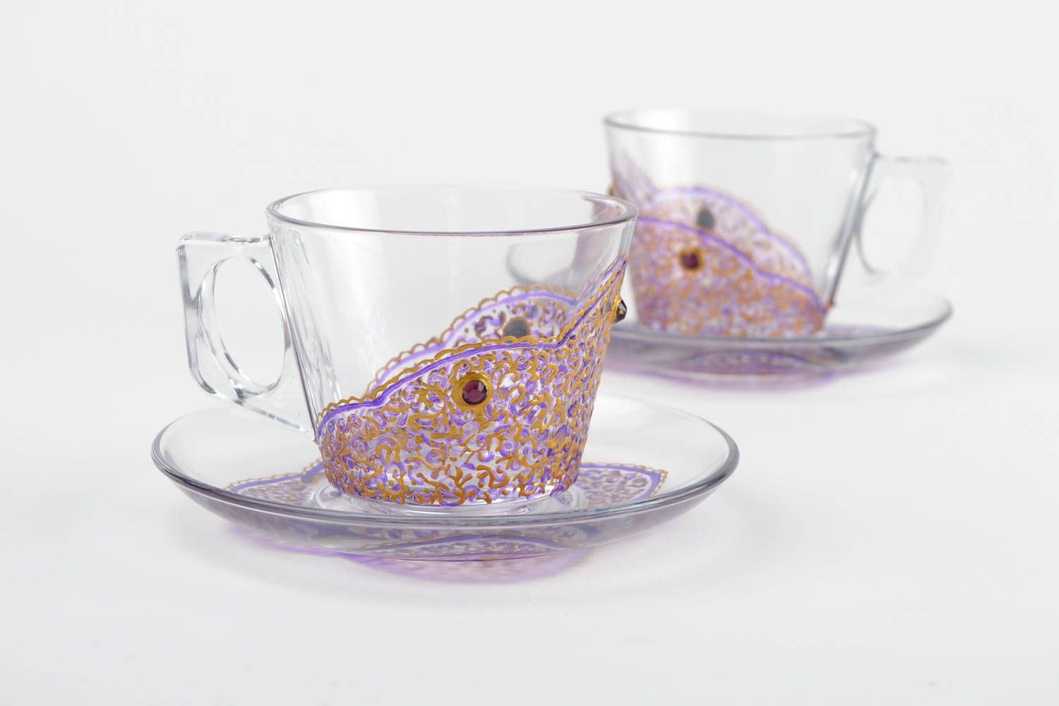 Clear glass two tea cups with square handle and purple and gold hand-painted pattern photo 1