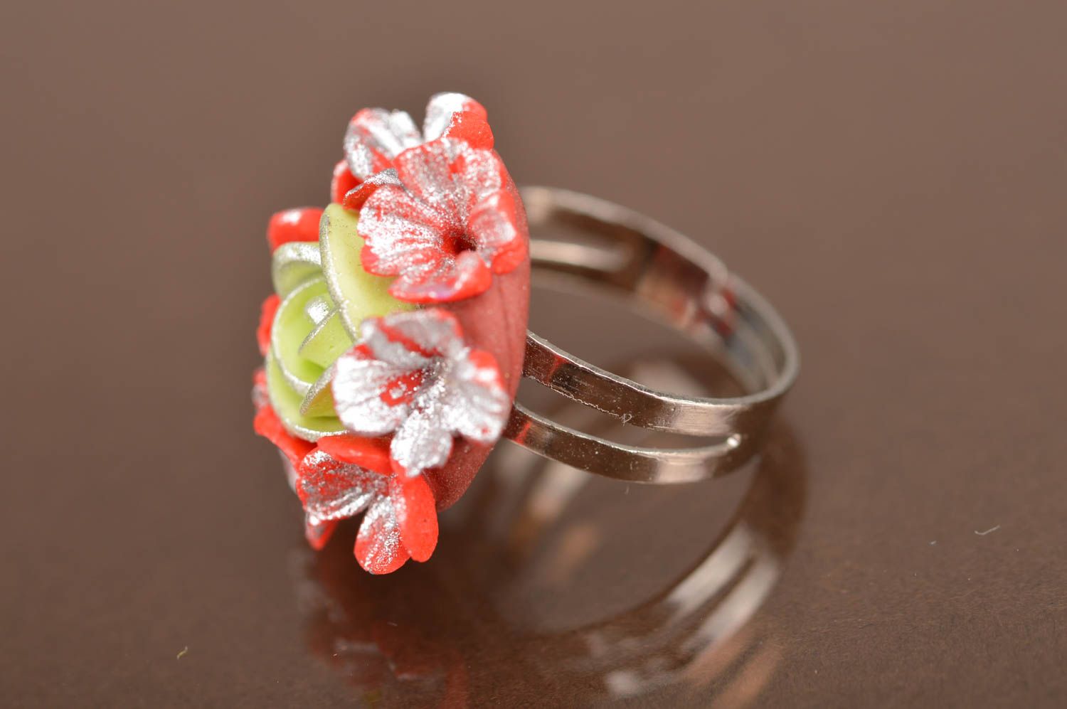 Handmade designer jewelry ring with metal basis and polymer clay flower red photo 5