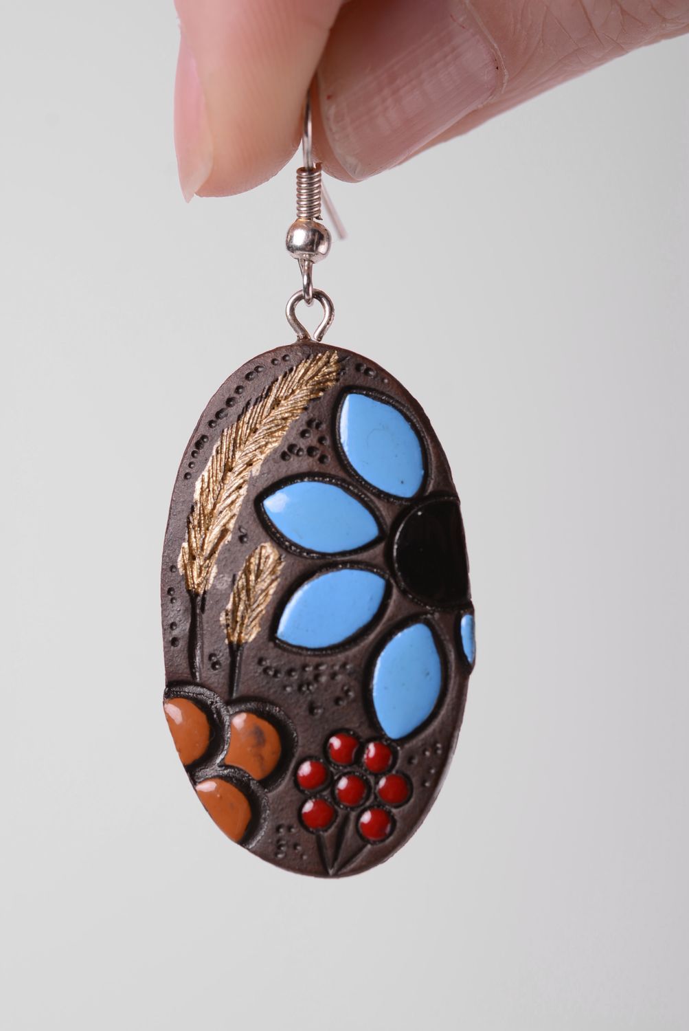 Boucles d'oreilles et pendentif artisanaux ovales en argile faits main 2 pièces photo 3