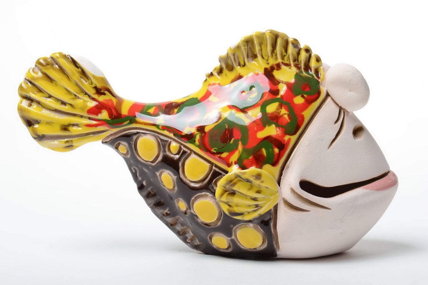 Small handmade semi porcelain money box painted with pigments colorful Fish photo 3