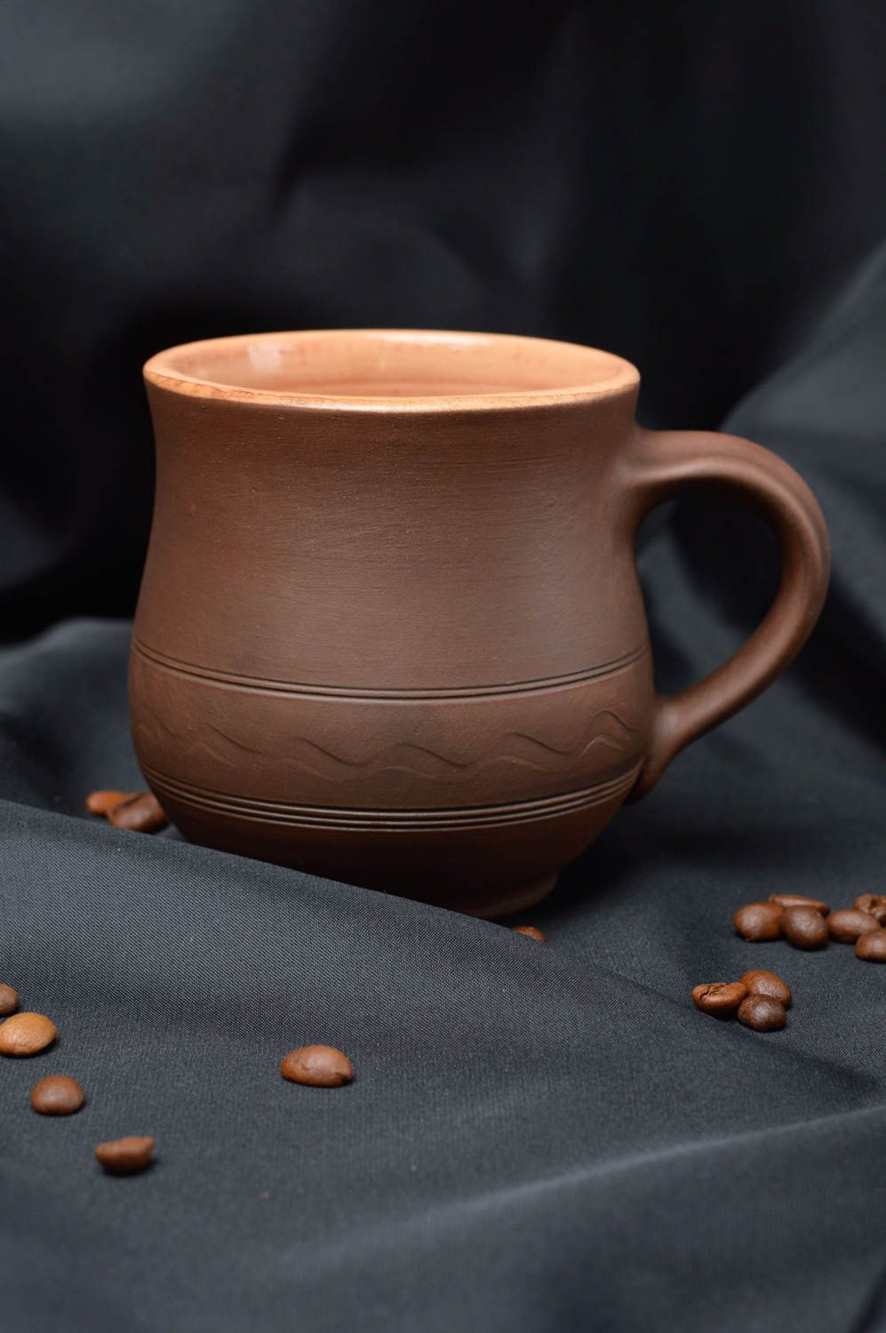 8 oz brown glazed coffee cup in pot shape with handle and classic rustic pattern photo 1