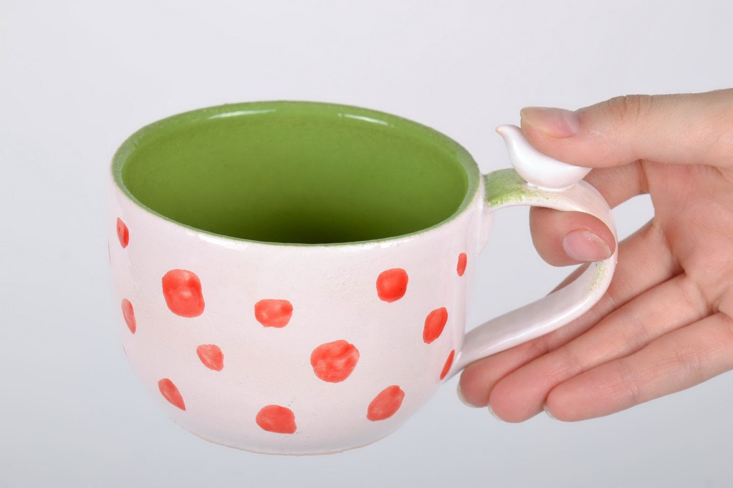 10 oz large porcelain white and lime colors drinking teacup with orange dots' pattern photo 2