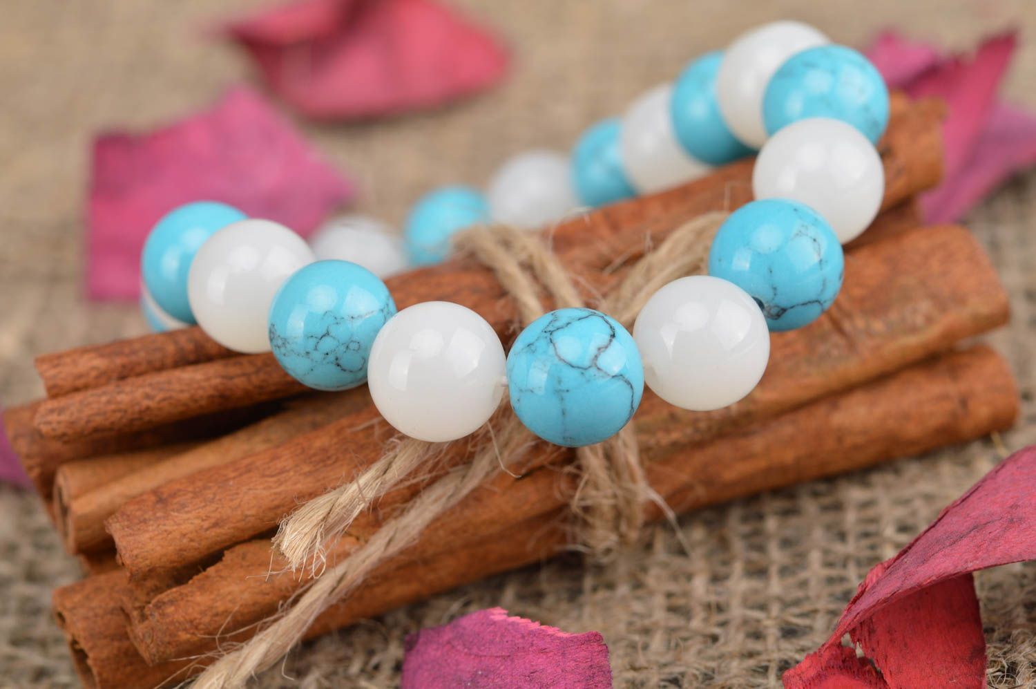 Beautiful gentle handmade thin stretch bracelet with white and blue beads  photo 1