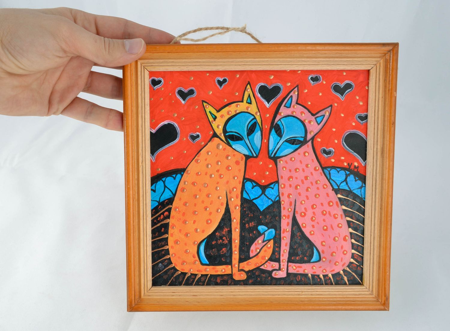 Wandbild im Holzrahmen mit Acrylfarben gemalt, außerirdische Katzen  foto 4