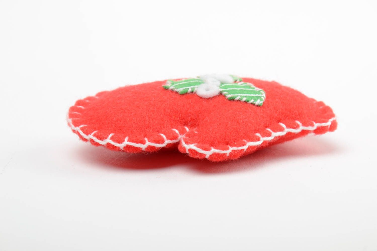 Handmade decorative small soft toy sewn of red felt Mitten for little children photo 3