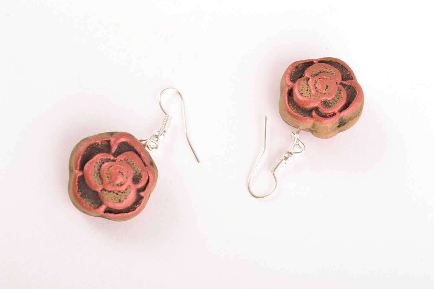 Handmade small brown ceramic dangling earrings painted with acrylics Flowers photo 5