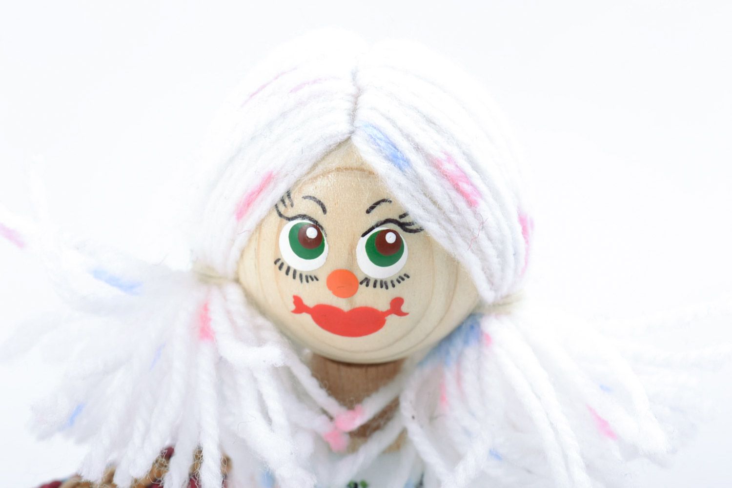 Handmade painted wooden eco toy funny girl in Ukrainian costume with white hair photo 3