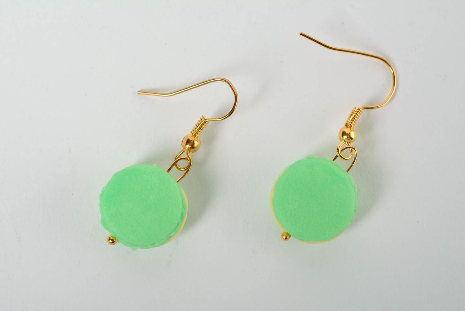 Handmade polymer clay dangling earrings light green macaroons for women photo 1