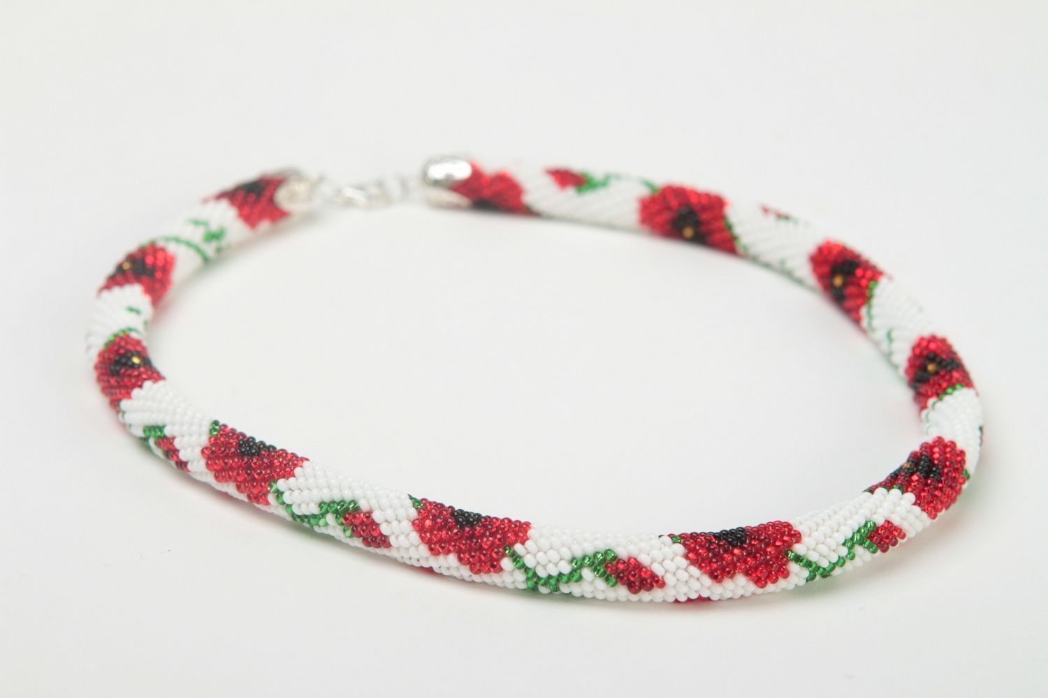 Handmade Blumen Collier Rocailles Kette Accessoire für Frauen weiß rot foto 3