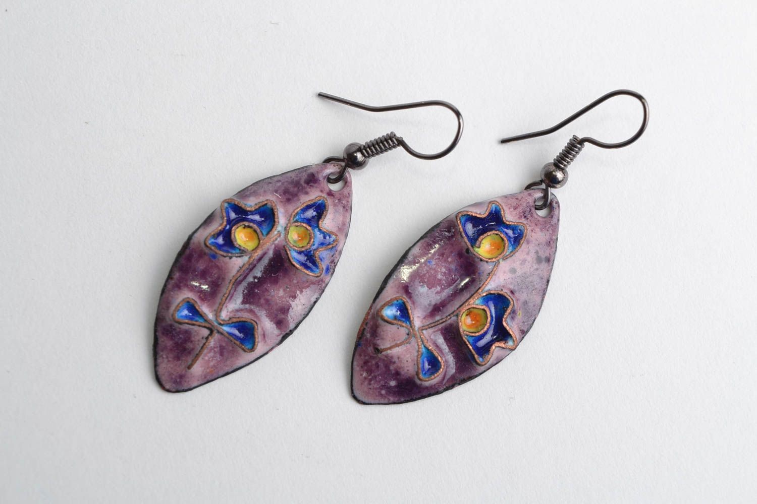 Handmade enameled copper dangling earrings with flower in blue and violet colors photo 1