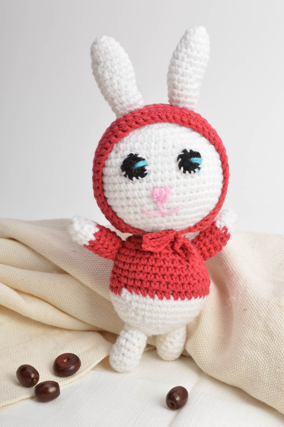 Handmade small soft toy crocheted of white and red semi cotton threads Rabbit photo 1