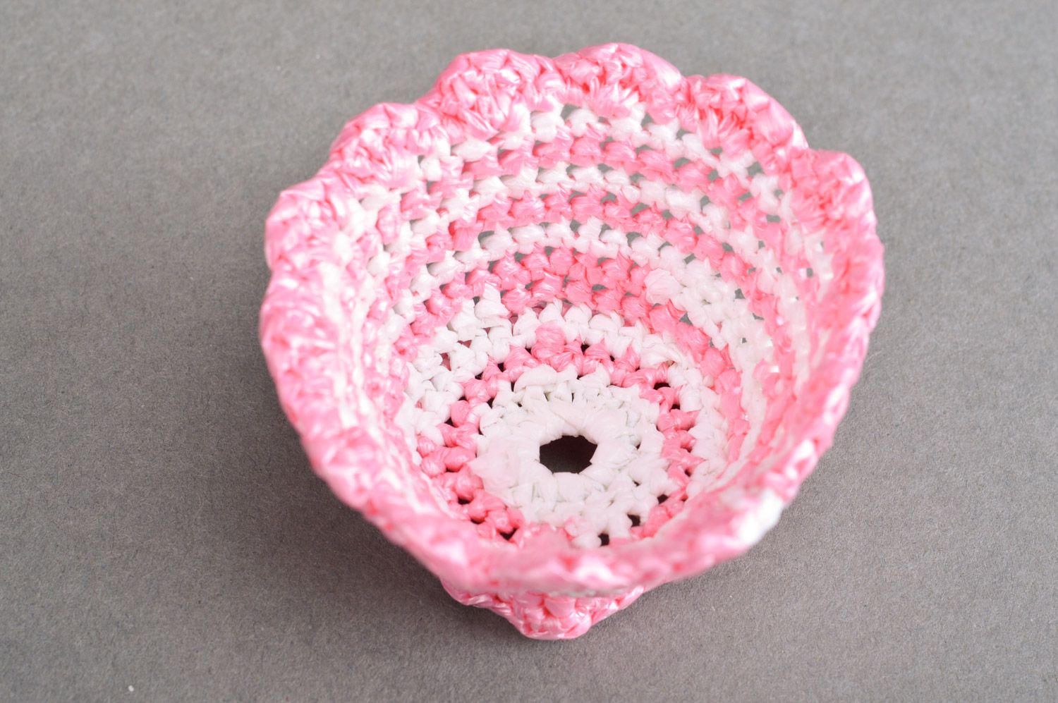 Handmade Easter egg stand crocheted of plastic threads in pink and white colors photo 2