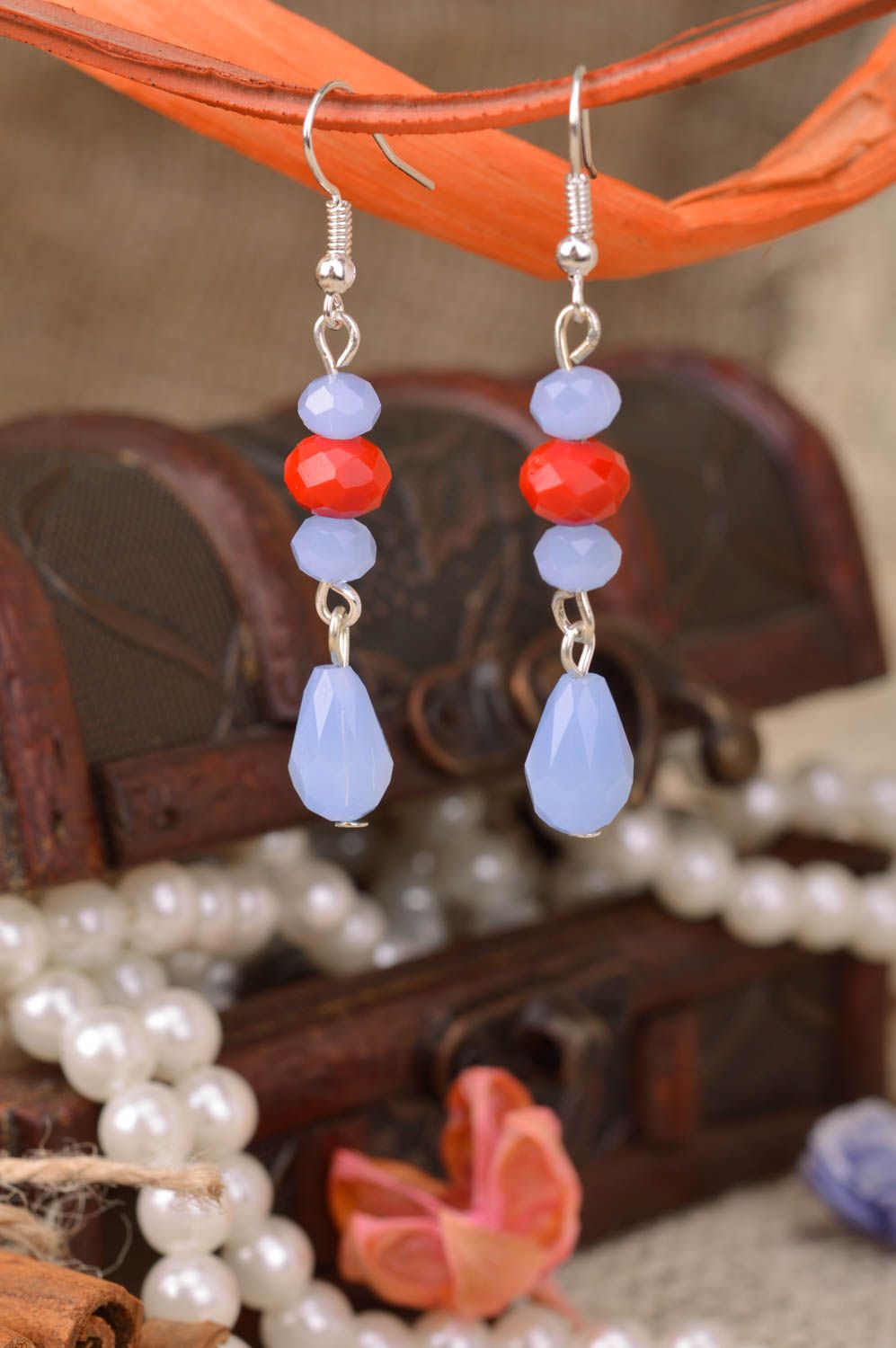 Handmade long dangle earrings with red and blue beads and crystals for women photo 1
