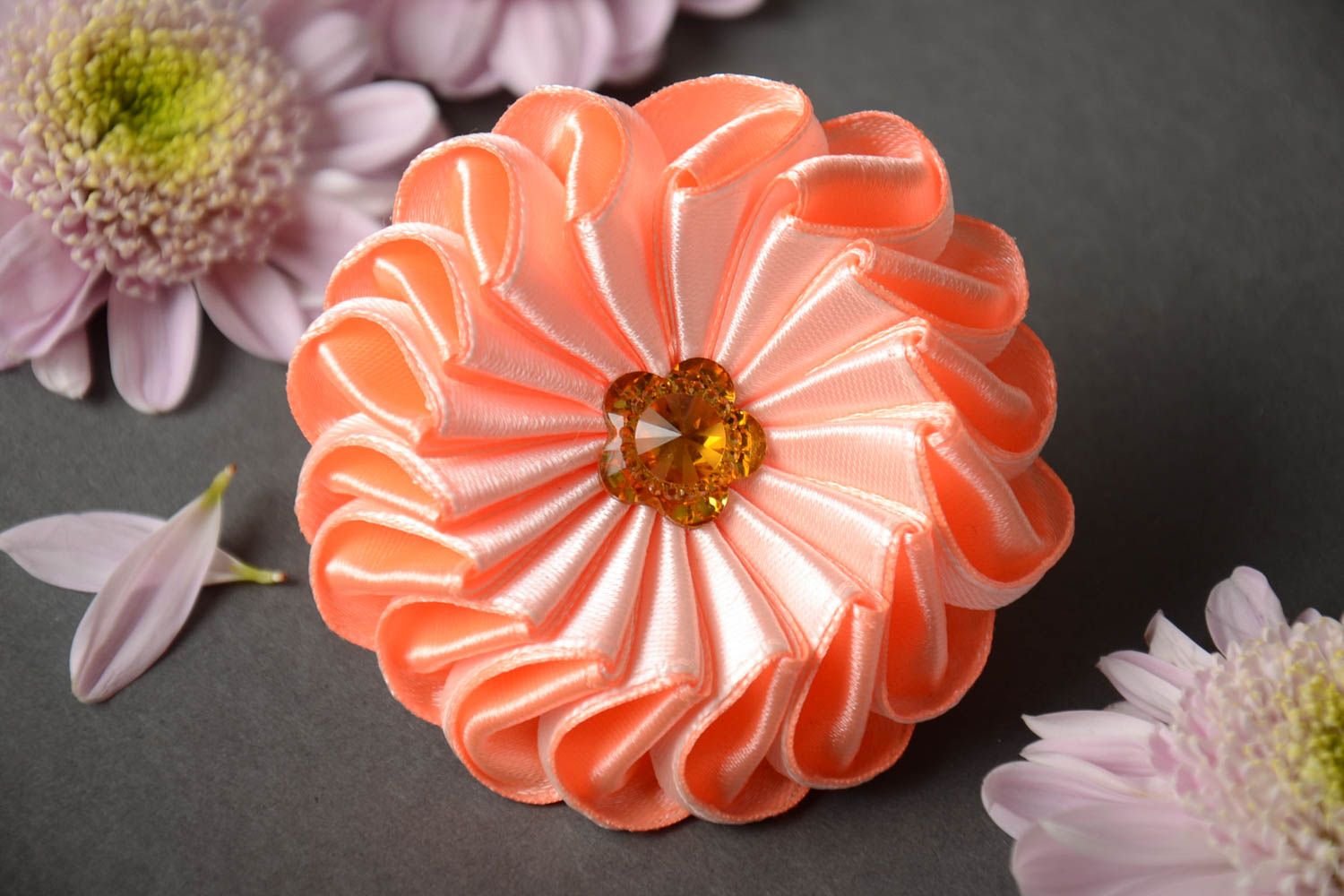 Designer homemade decorative hair band with kanzashi flower of peach color photo 1
