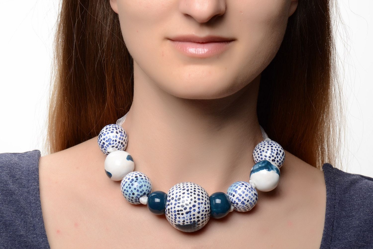 Handmade ceramic bead necklace painted with enamels on white ribbon for women photo 1