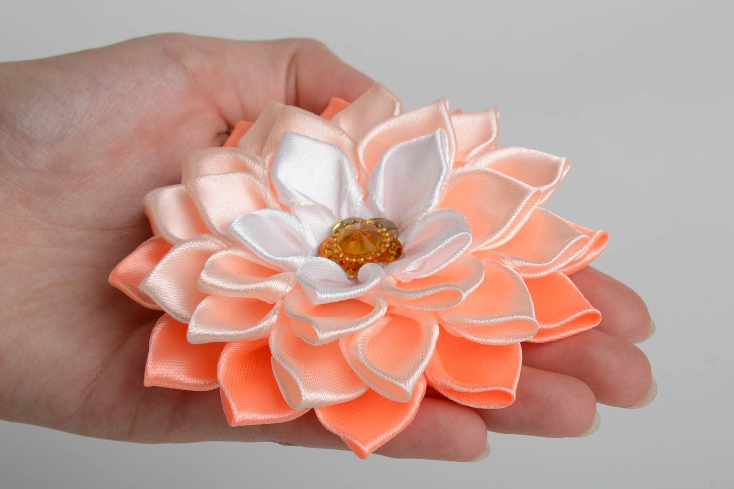 Hair accessory craft supply satin ribbon kanzashi flower of peach color photo 5