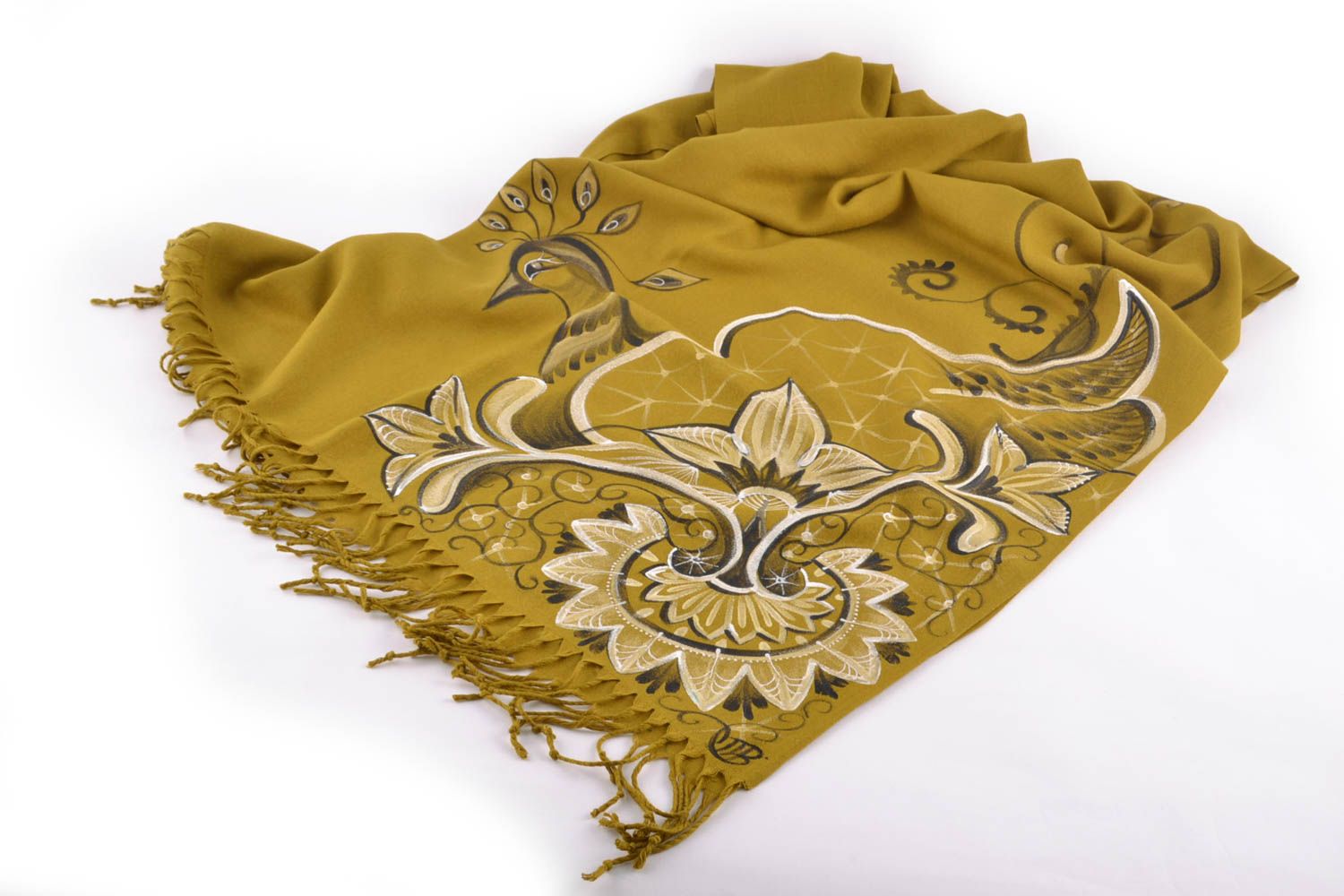 Теплый шарф из кашемира с росписью горчичный фото 4