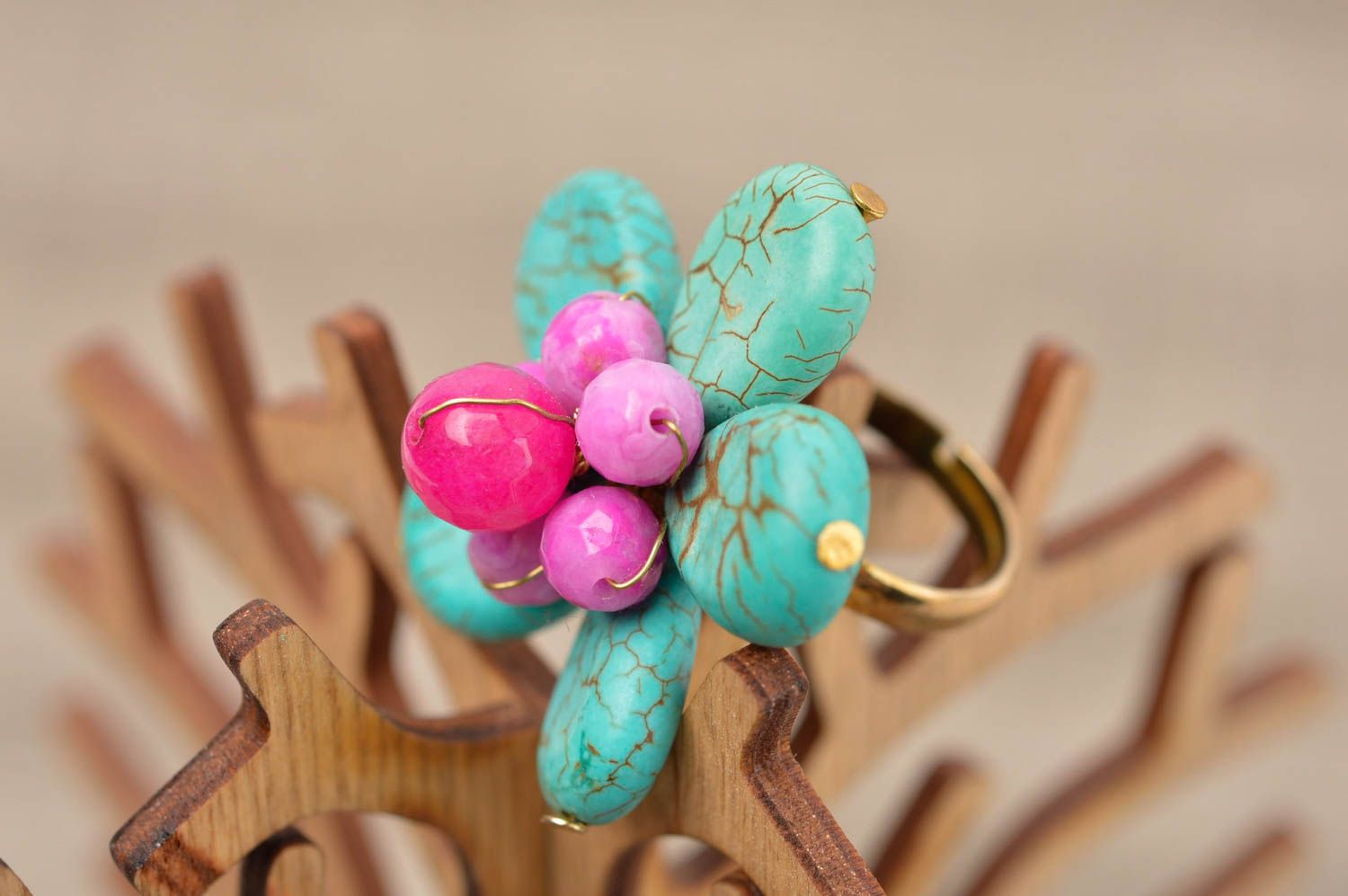 Handmade Blumen Ring Accessoire für Frauen Ring mit Stein Türkis Achat Nephrit foto 1