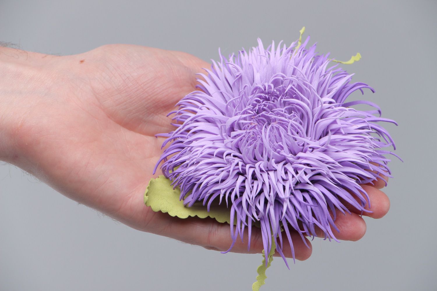 Handmade volume plastic suede brooch hair clip in the shape of violet flower photo 5
