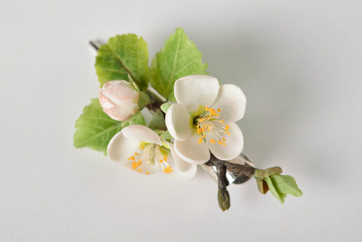 Handmade designer floral hair clip with polymer clay branch of blooming apricot photo 5