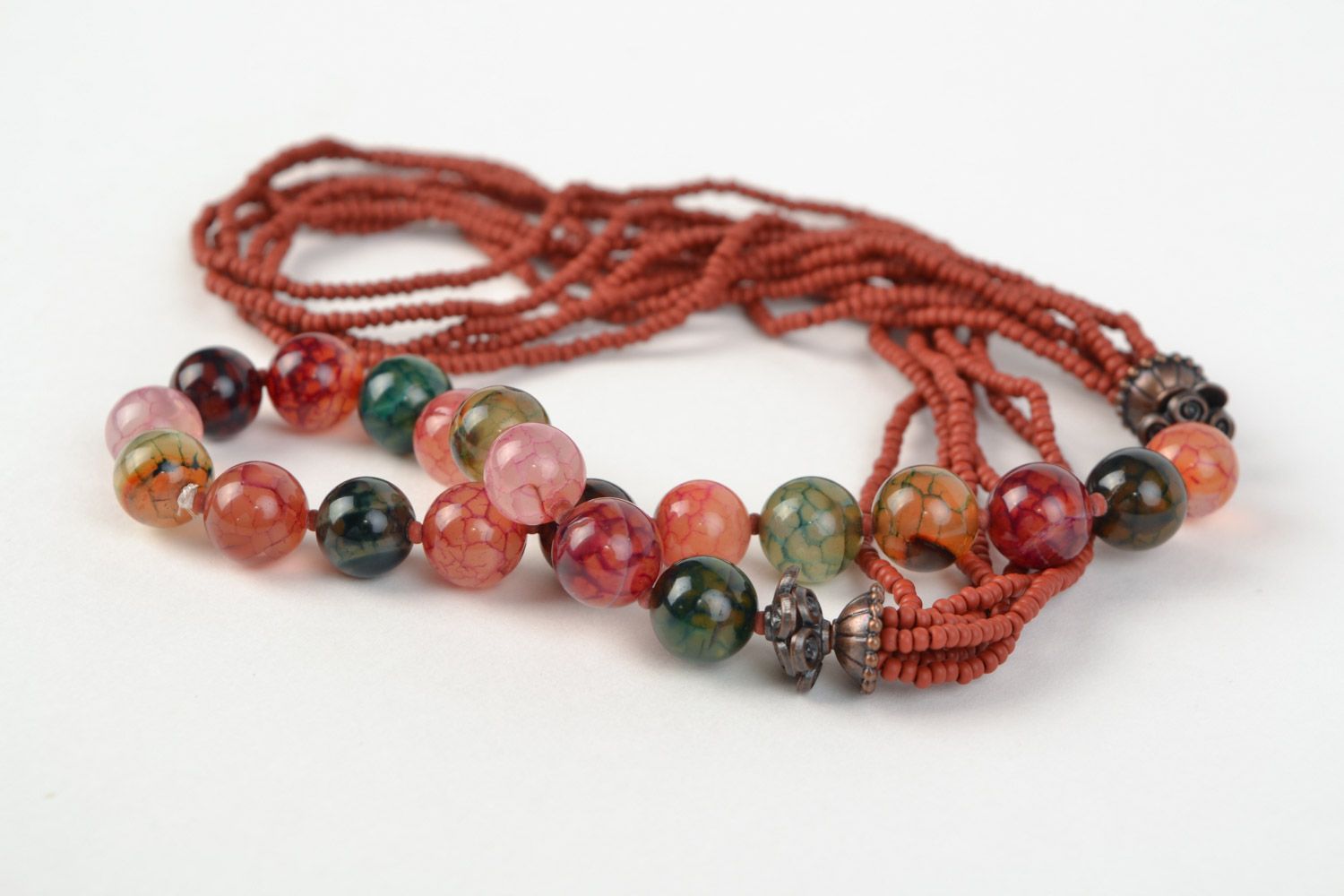 Multi-colored handmade necklace woven of natural stones and Czech beads photo 5
