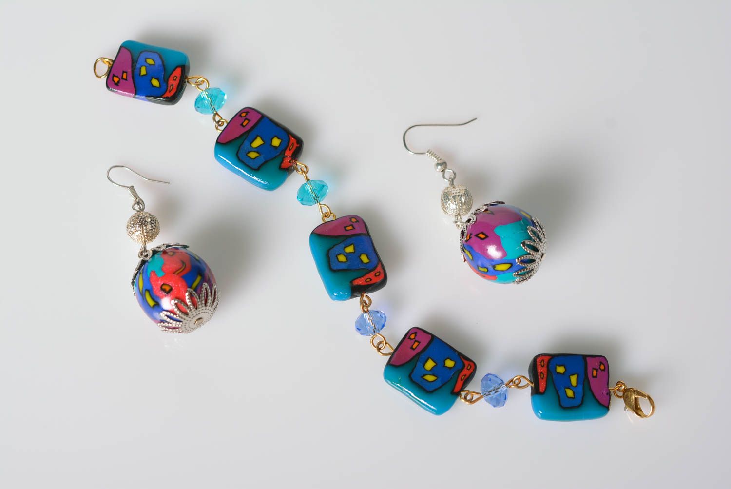 Handmade jewelry set polymer clay dangling earrings bracelet for women photo 1