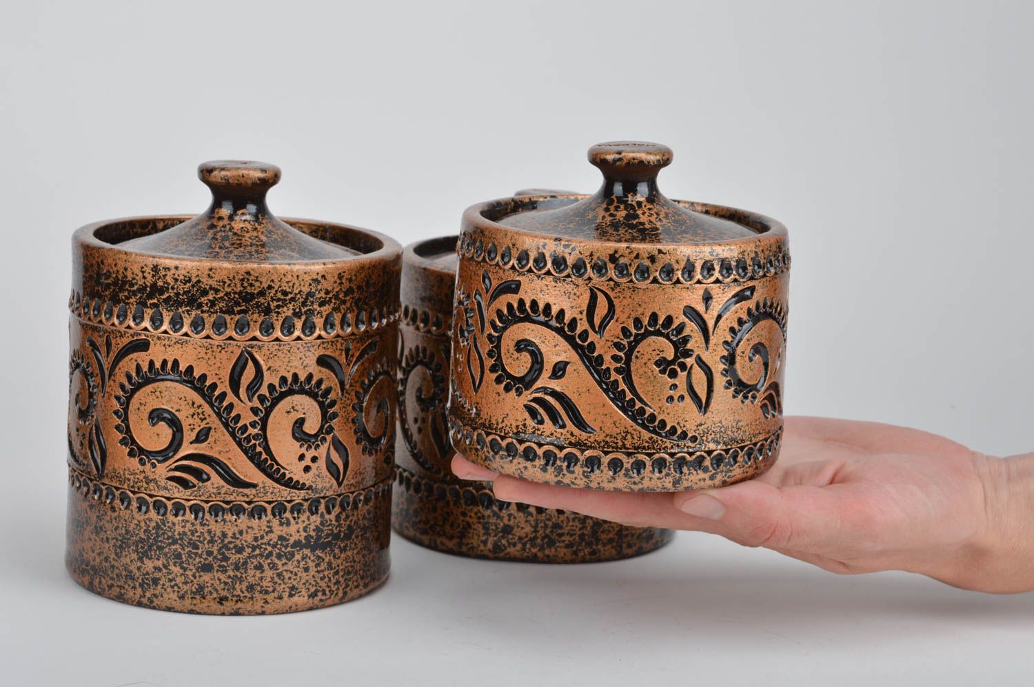 Ensemble de petits pots pour épices en céramique 3 pièces fait main ethnique photo 3
