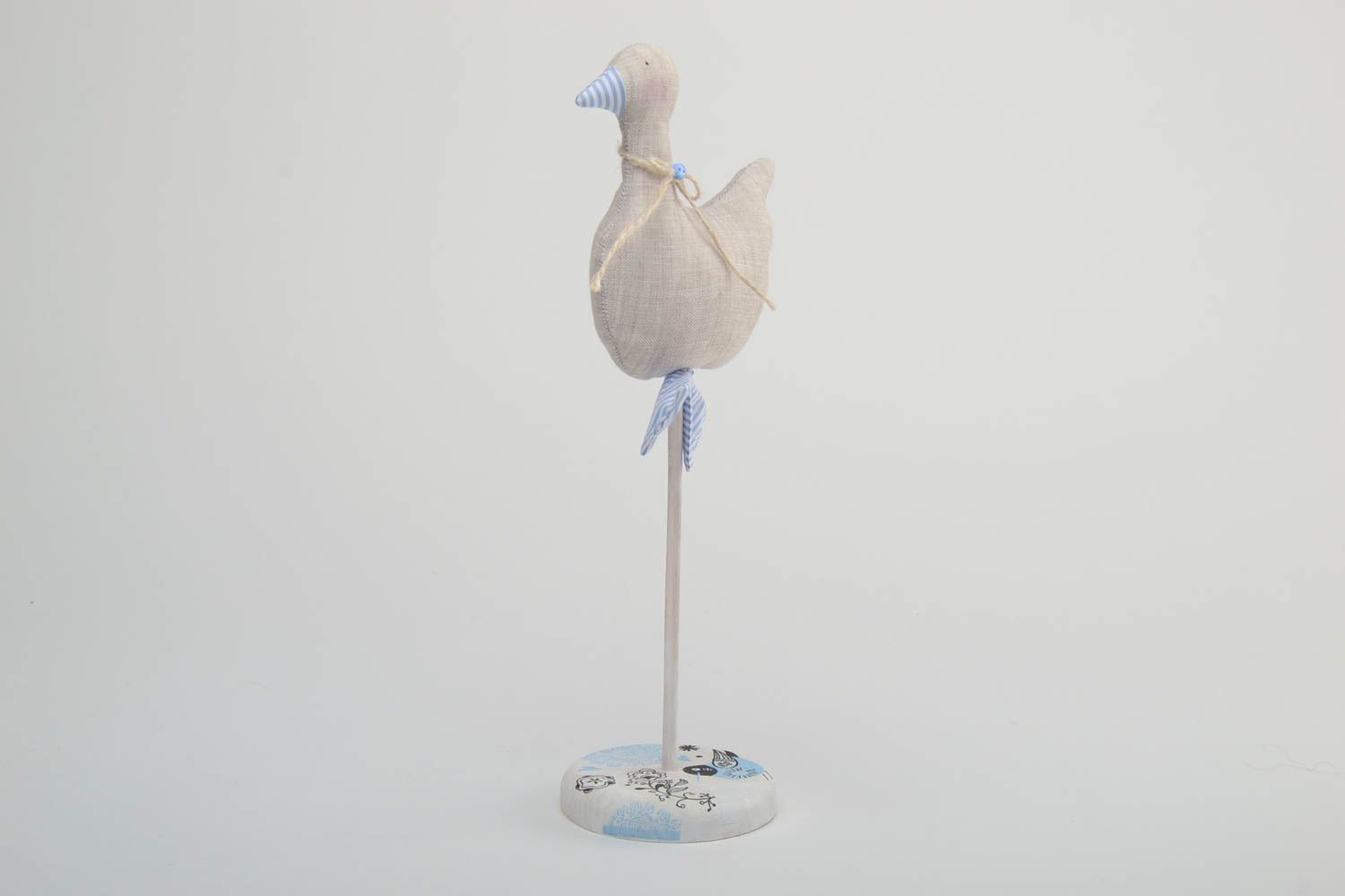 Handmade fabric soft figurine of bird on wooden stand for interior decoration photo 2