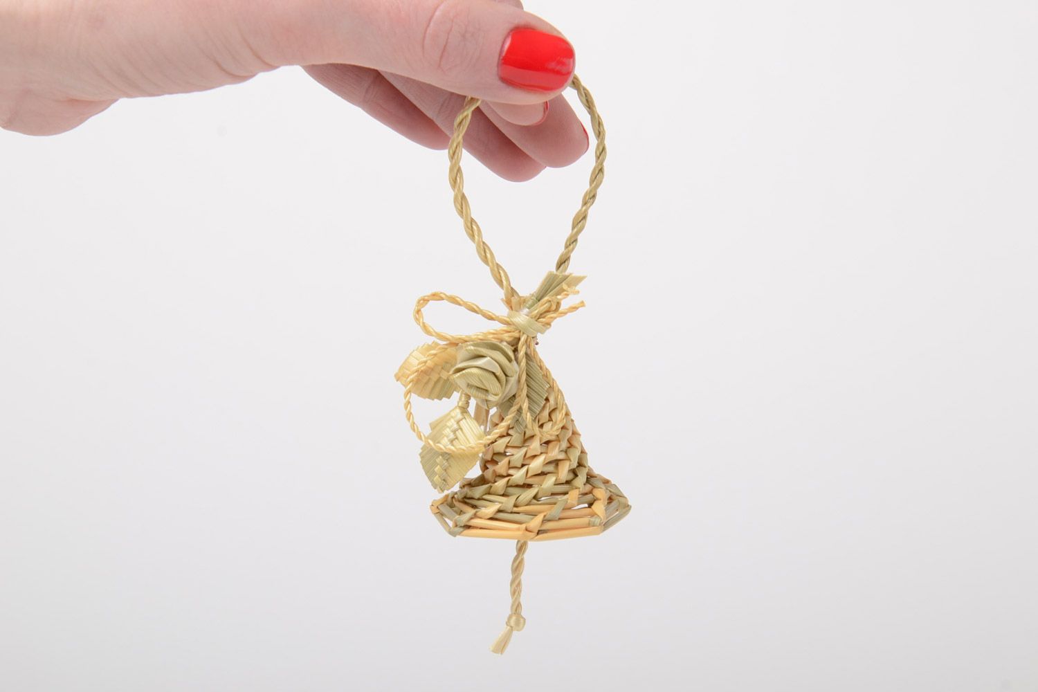 Handmade decorative wall hanging woven of straw in the shape of small bell photo 5