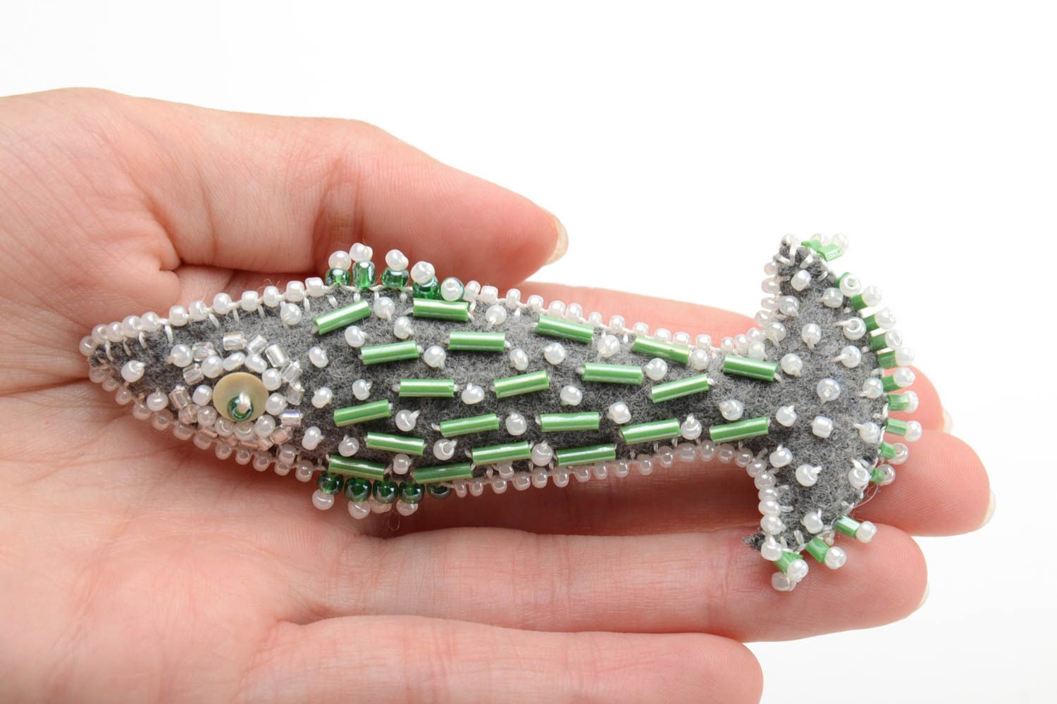 Grey textile fish brooch beaded handmade stylish accessory for every day photo 5