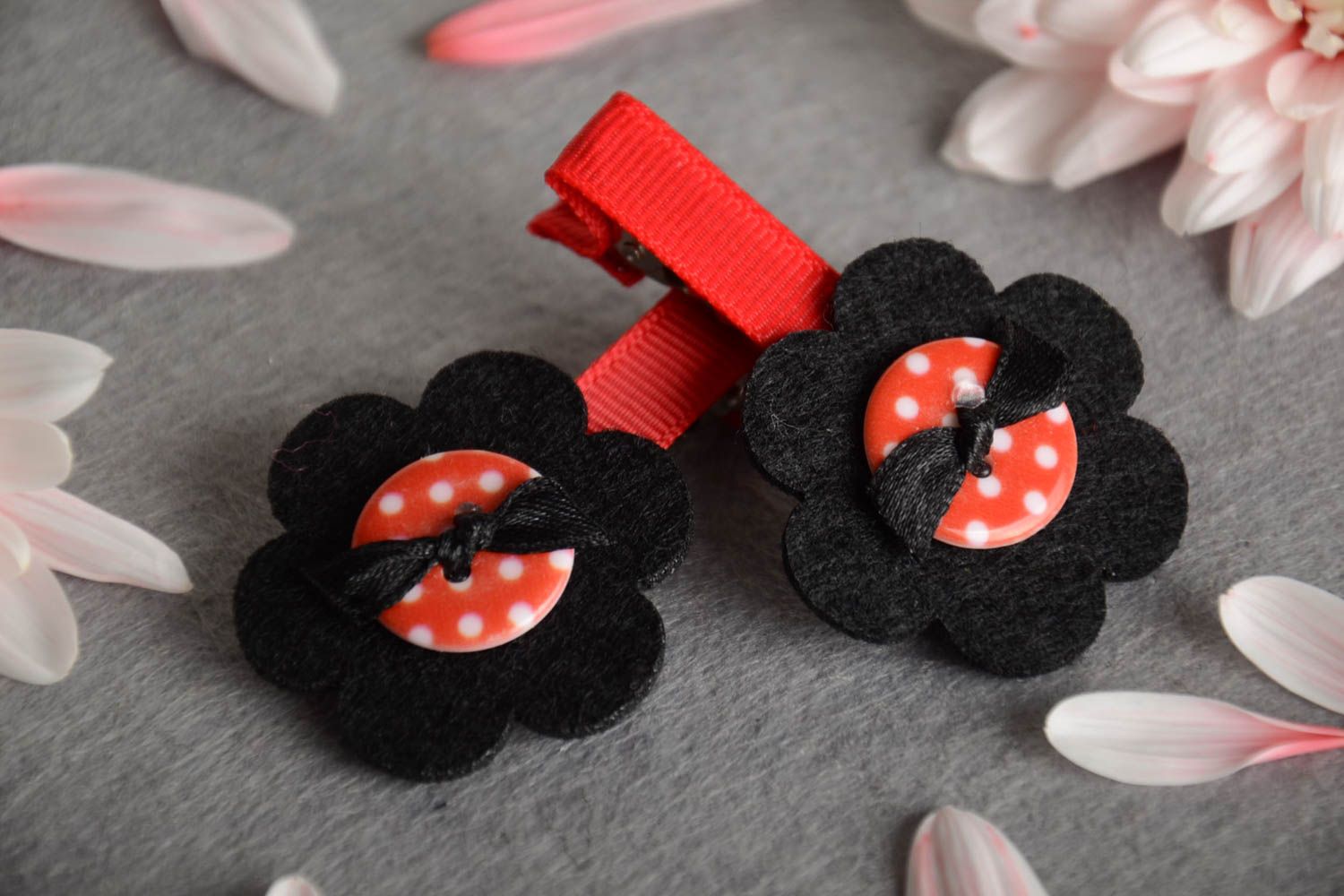 Hairpins made of rep ribbons and black fleece with flowers 2 pieces baby jewelry photo 1