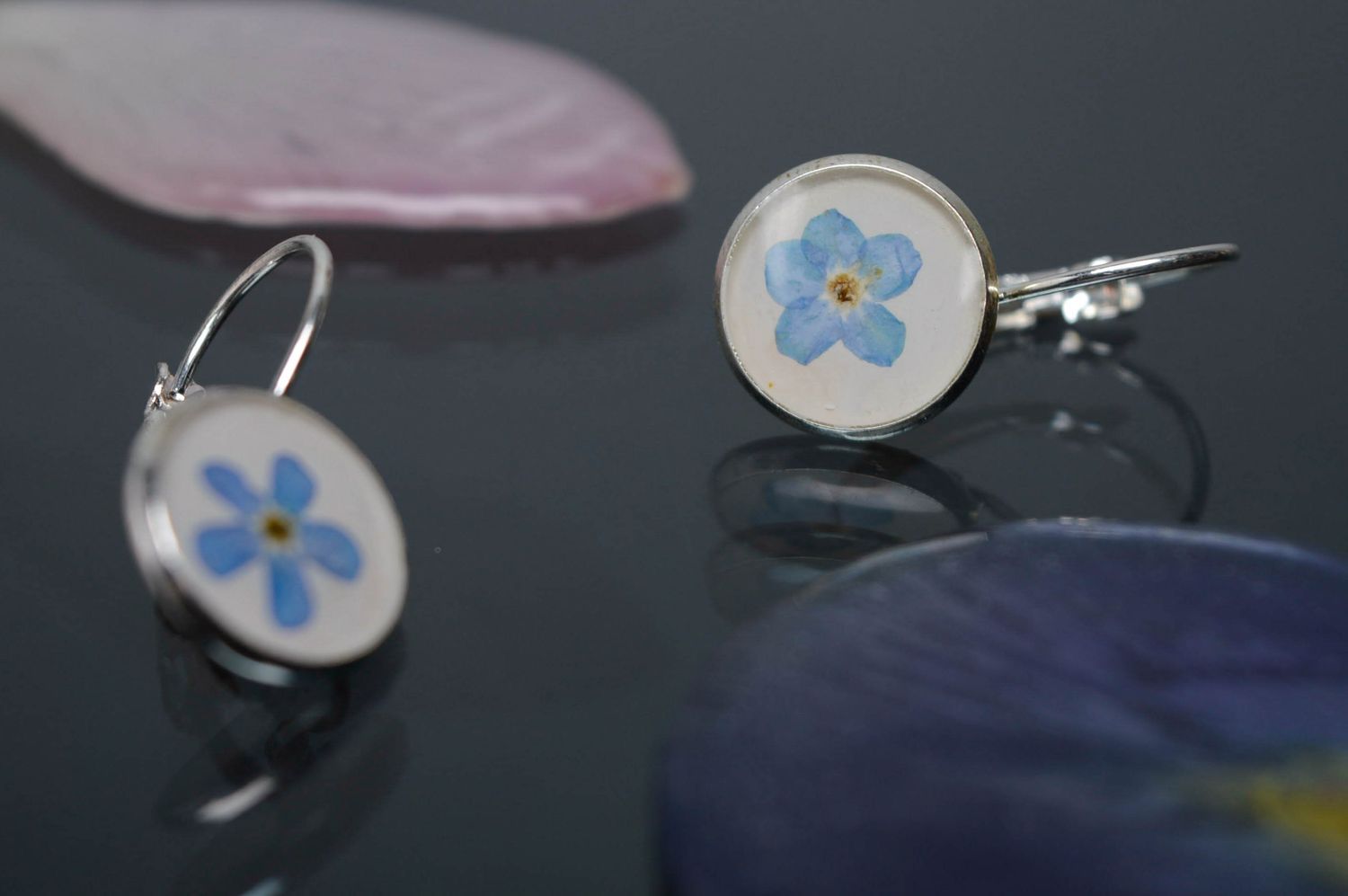 Earrings with natural forget-me-not flowers coated with epoxy resin photo 1