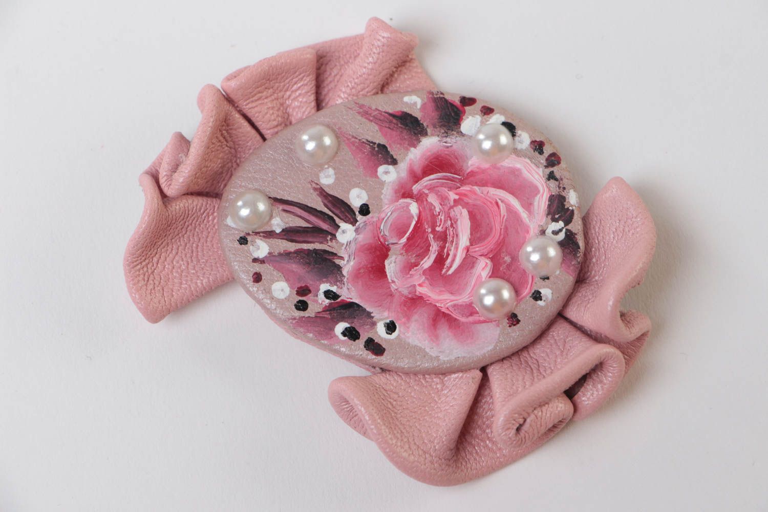 Women's handmade painted pink leather flower brooch volume designer accessory photo 2