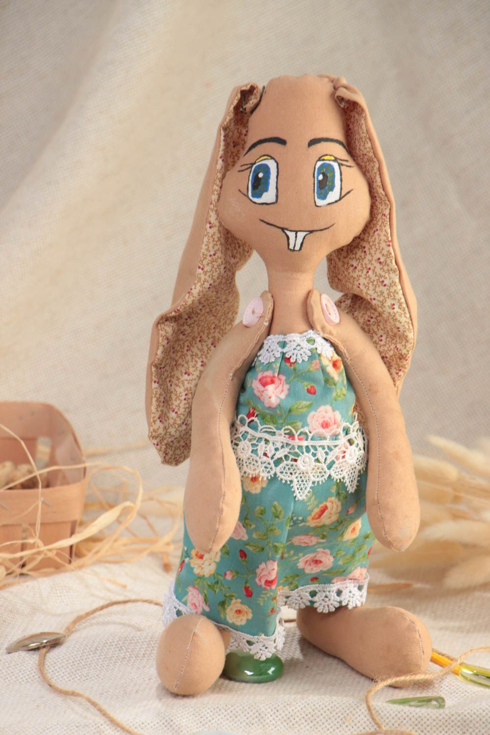 Handmade designer cotton fabric soft toy beige rabbit in floral dress with aroma photo 1