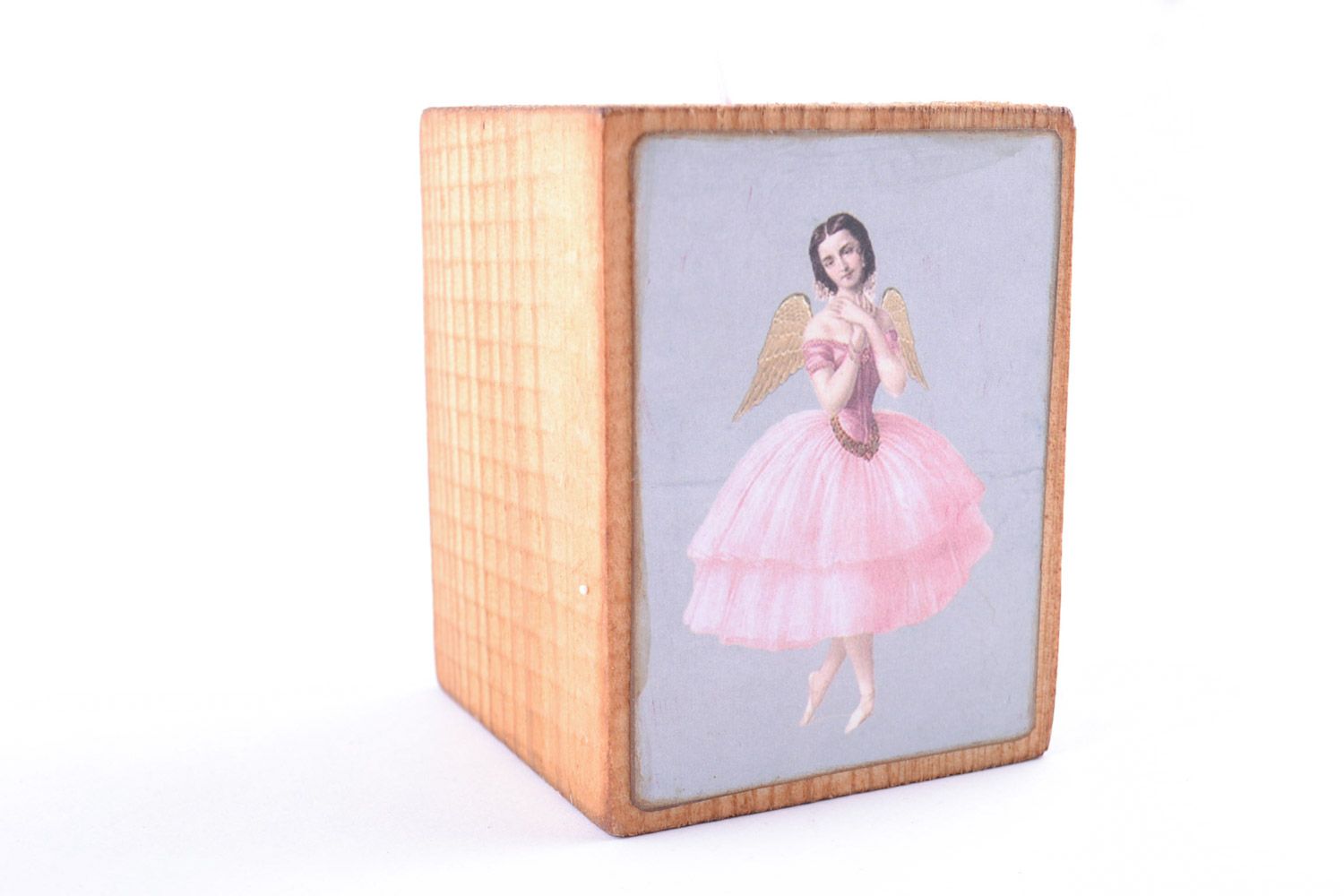 Light handmade wooden holder for one tablet candle with picture photo 4