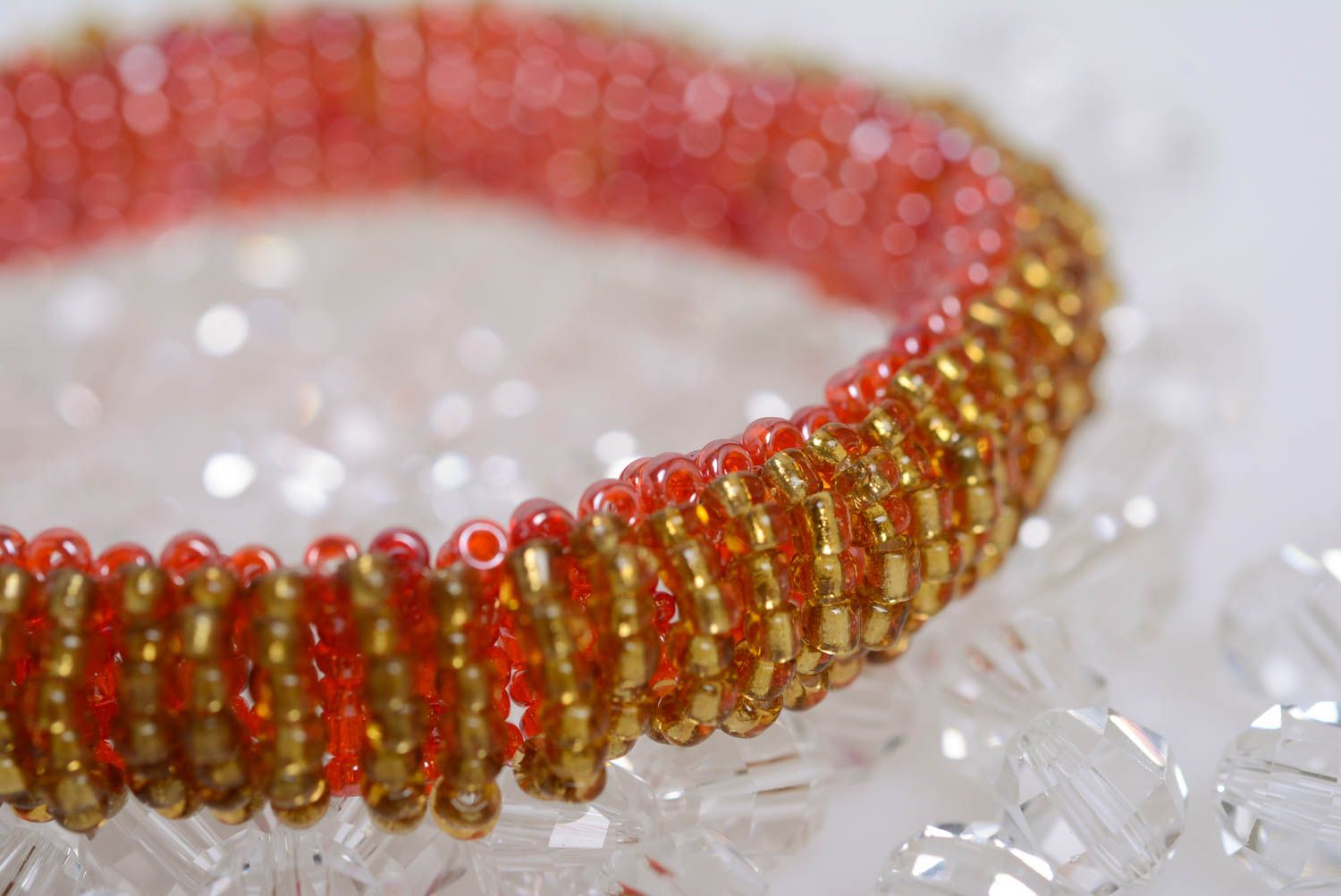 Beaded handmade bracelet in red and yellow colors everyday stylish jewelry photo 5