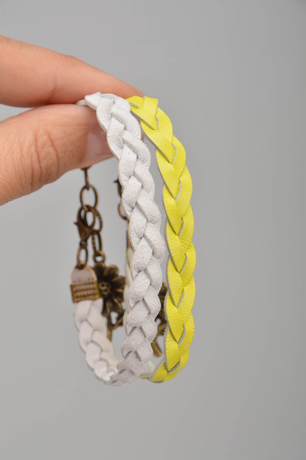 Set of 2 handmade designer genuine leather woven wrist bracelet yellow and white photo 3