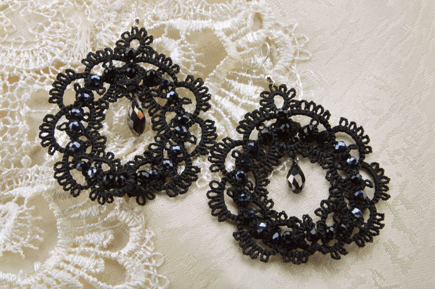 Large black lacy handmade earrings woven of satin threads using tatting technique photo 3