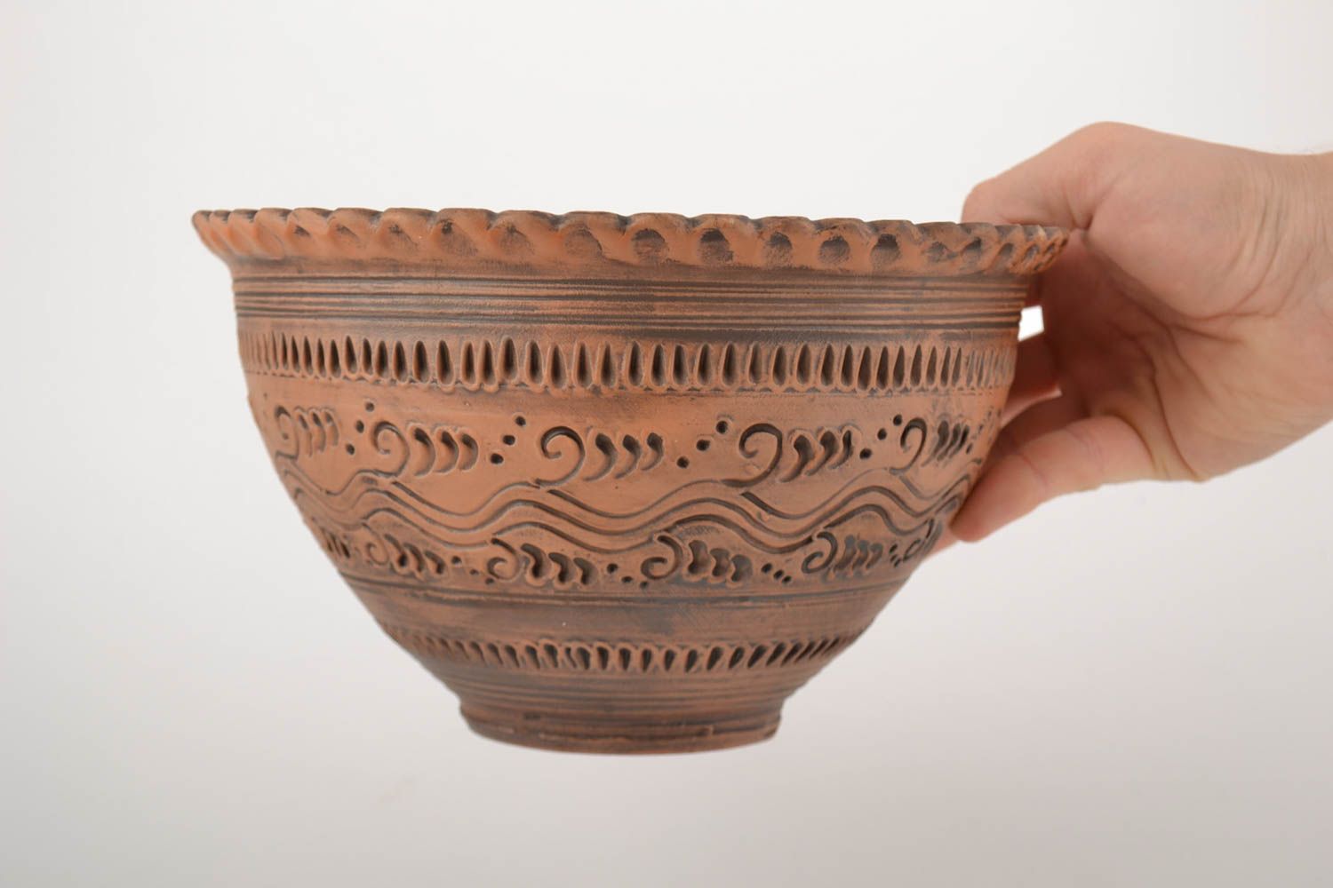 Big handmade designer ceramic bowl with patterns 3 l capacity photo 2