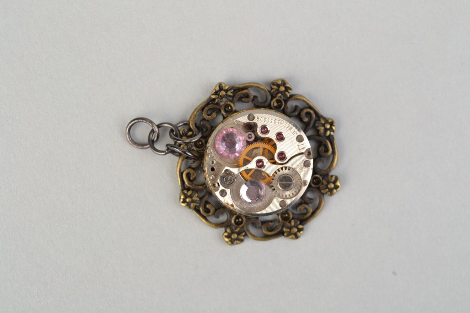 Small handmade metal pendant in vintage style with rhinestones for women photo 3