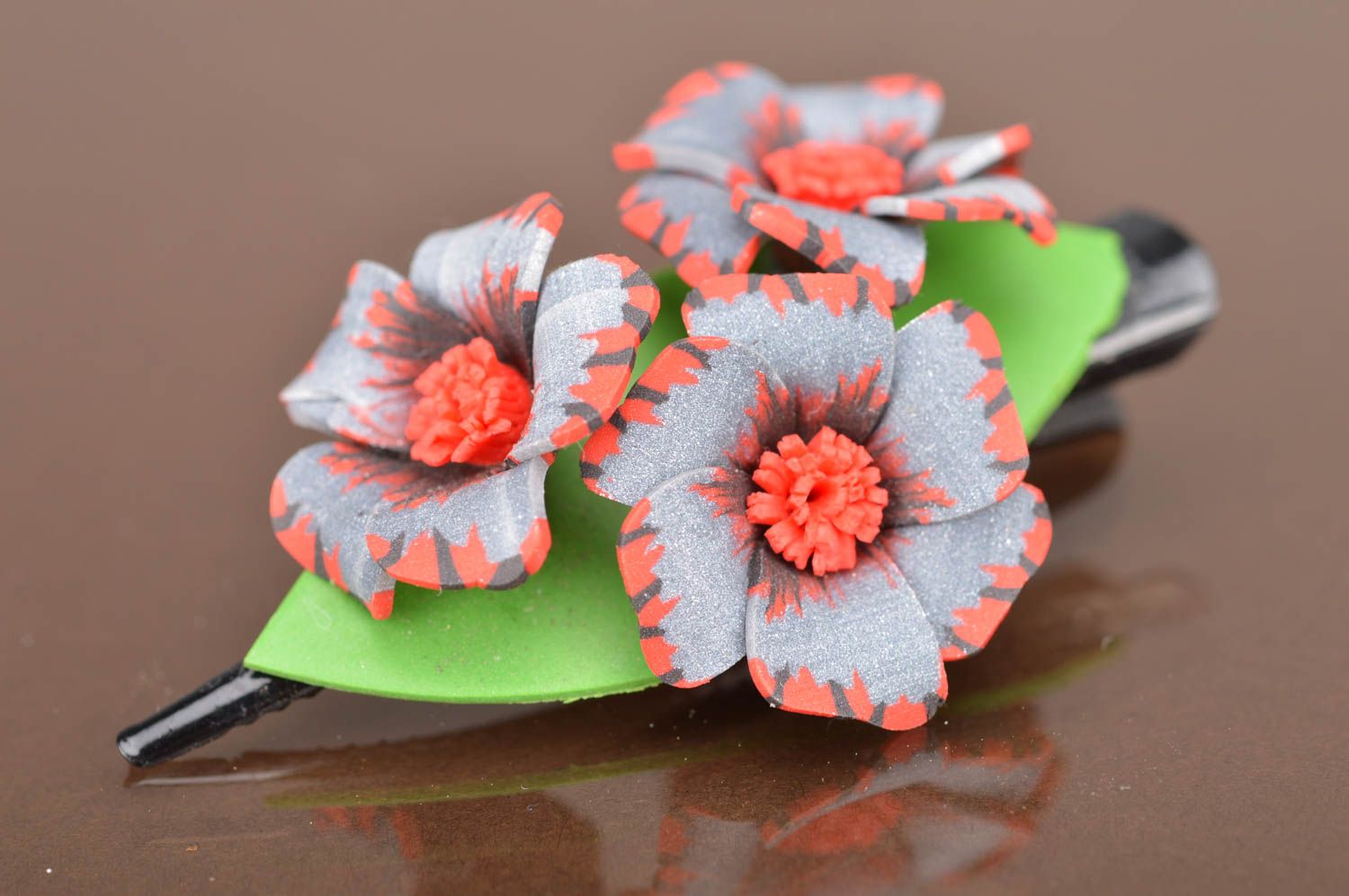Handmade grey with red and green hair clip with flowers made of polymer clay photo 4