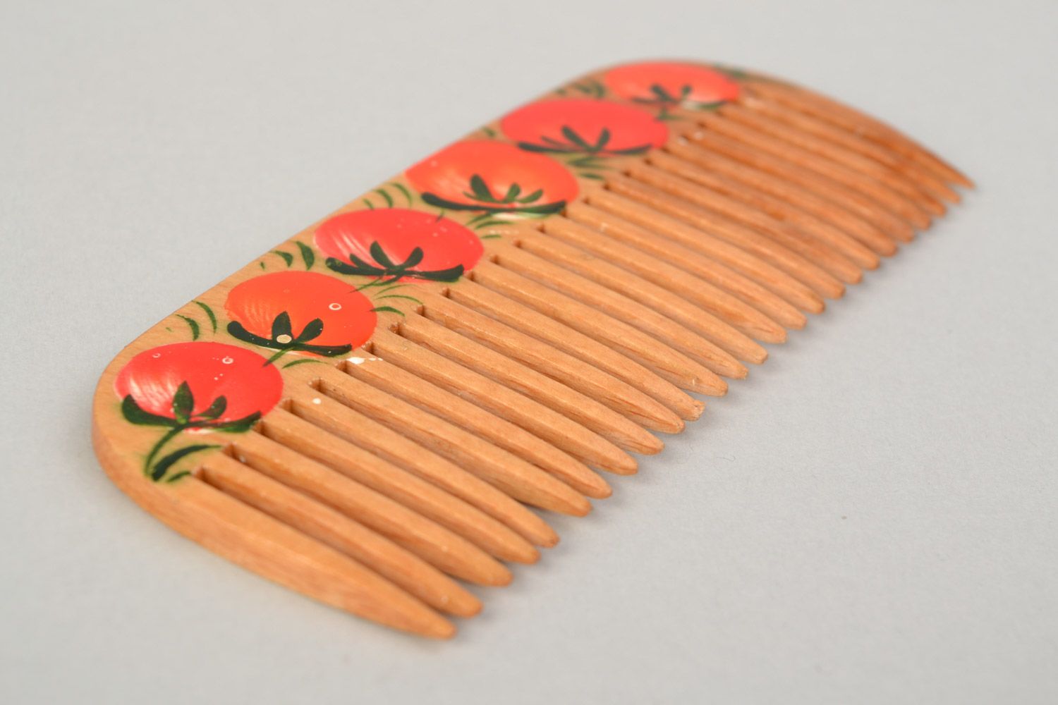Homemade wooden hair comb with Petrikov painting Tomatoes photo 5
