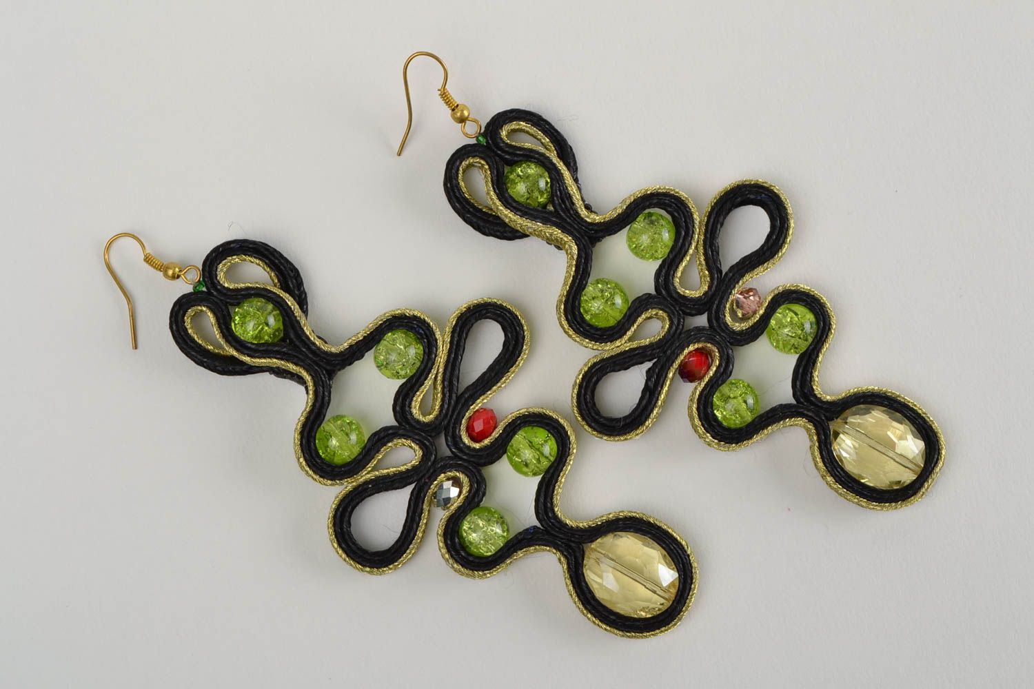 Black and green handmade massive soutache earrings with Czech crystal photo 3