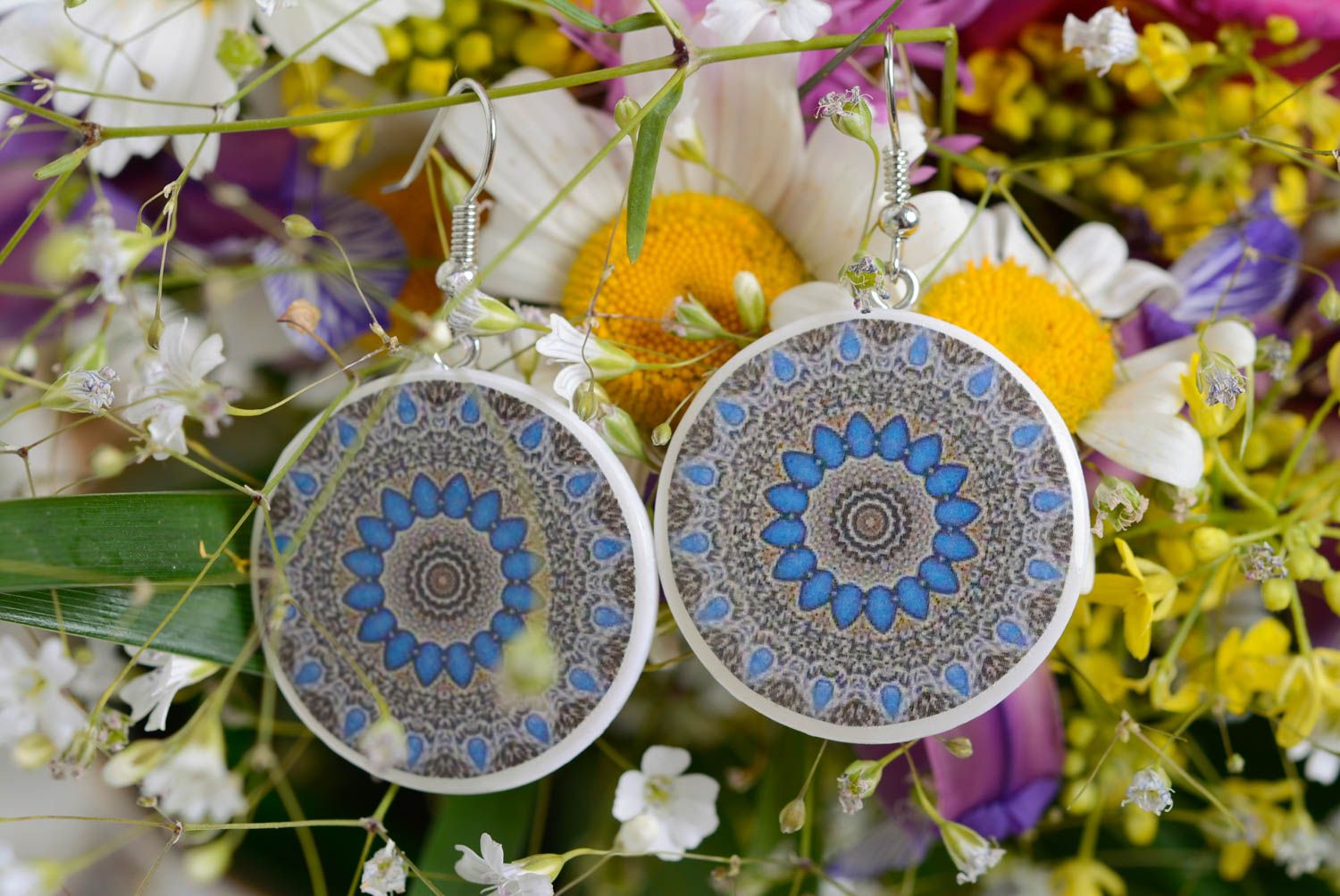 Homemade designer polymer clay round earrings in Oriental style decoupage photo 3