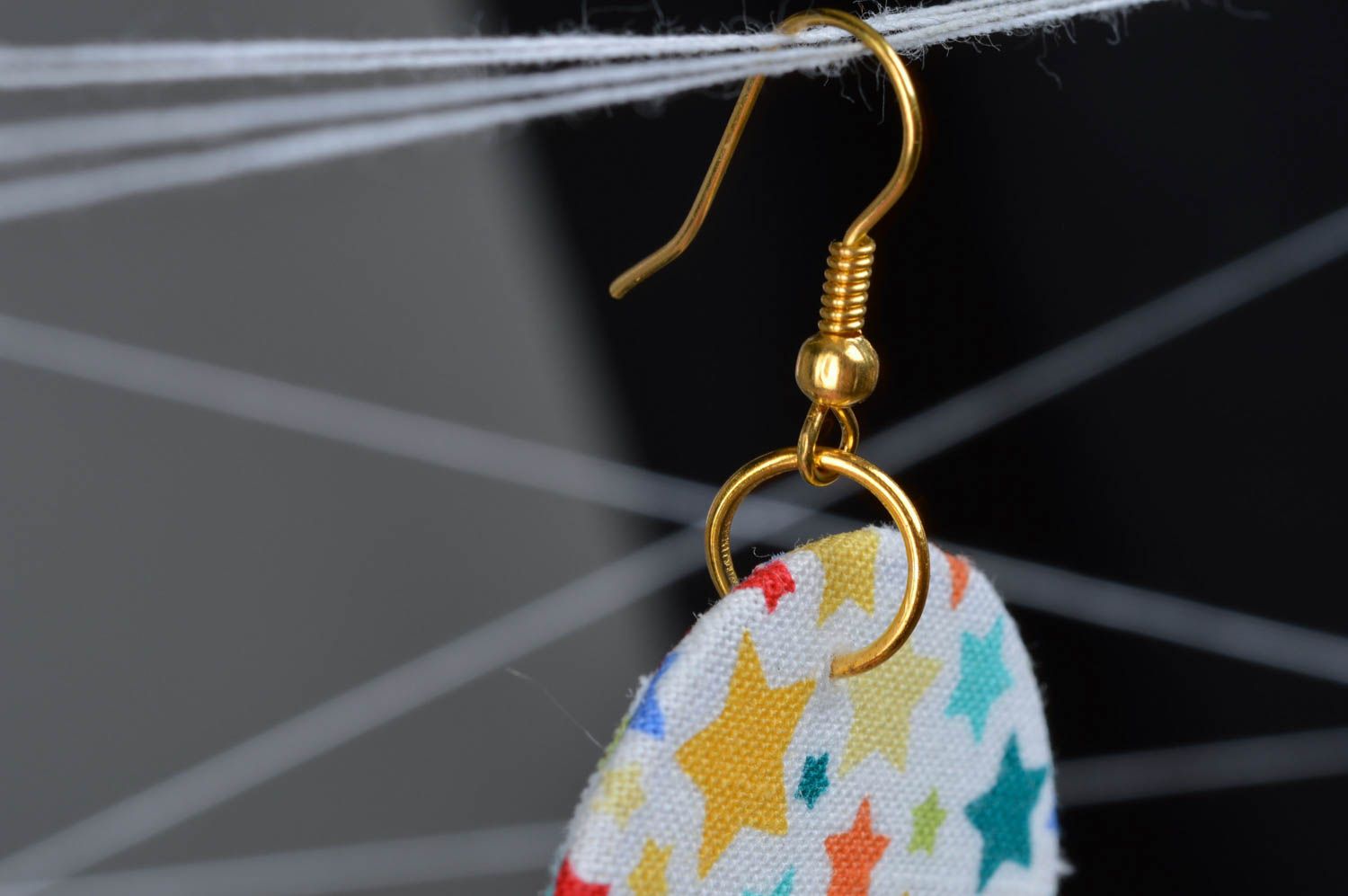 Handmade round earrings made of fabric with stars colored designer accessory photo 2